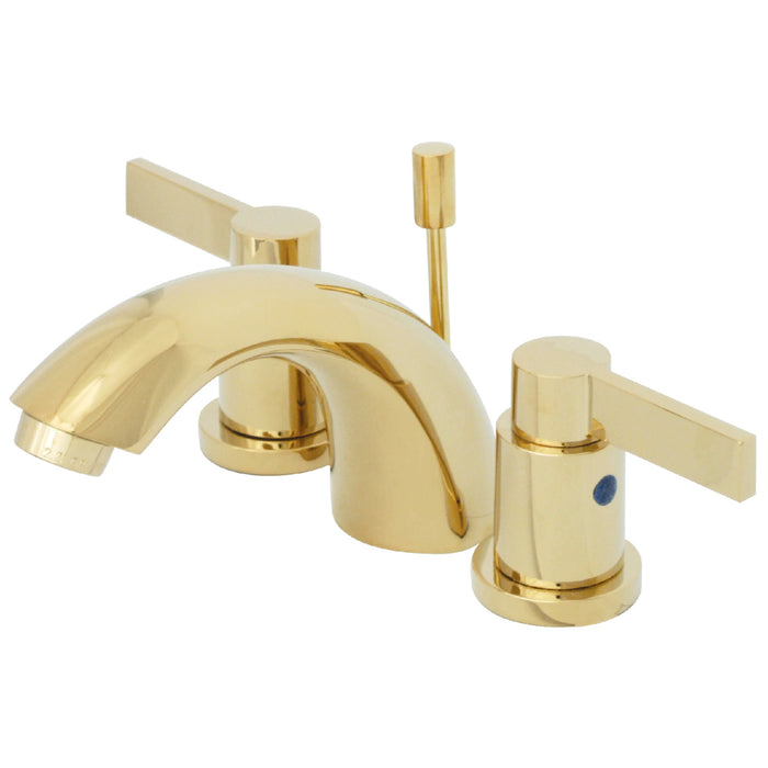 NuvoFusion KB8952NDL Two-Handle 3-Hole Deck Mount Mini-Widespread Bathroom Faucet with Plastic Pop-Up, Polished Brass