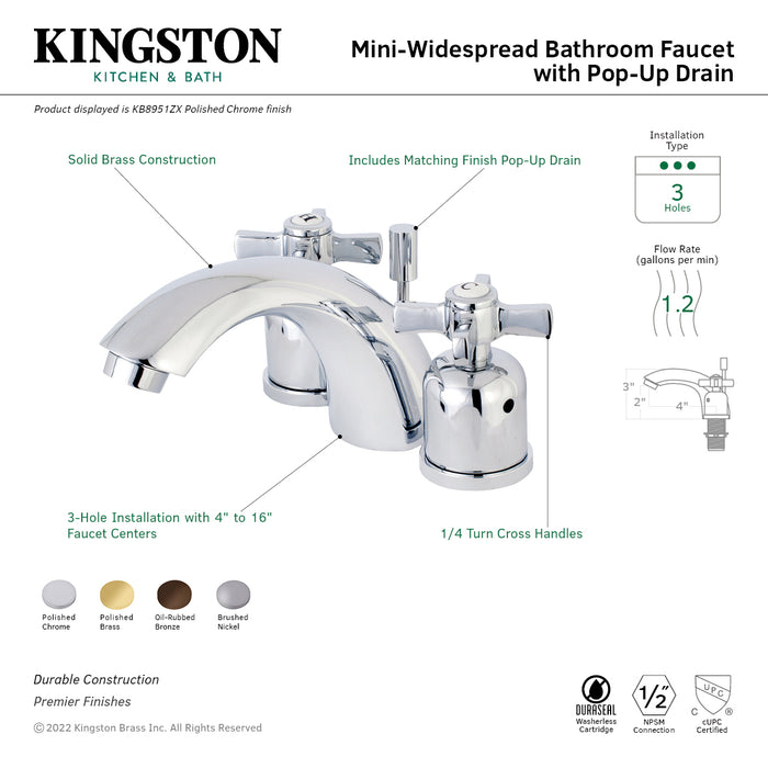 Millennium KB8952ZX Two-Handle 3-Hole Deck Mount Mini-Widespread Bathroom Faucet with Plastic Pop-Up, Polished Brass