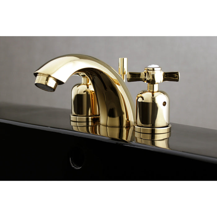 Kingston Tulare KB8952ZX - Millennium Two-Handle 3-Hole Deck Mount Mini-Widespread Bathroom Faucet with Pop-Up Drain, Polished Brass