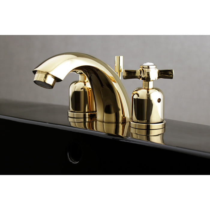 Millennium KB8952ZX Two-Handle 3-Hole Deck Mount Mini-Widespread Bathroom Faucet with Plastic Pop-Up, Polished Brass