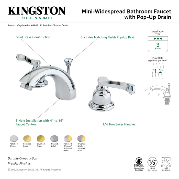 Royale KB8954FL Two-Handle 3-Hole Deck Mount Mini-Widespread Bathroom Faucet with Plastic Pop-Up, Polished Chrome/Polished Brass