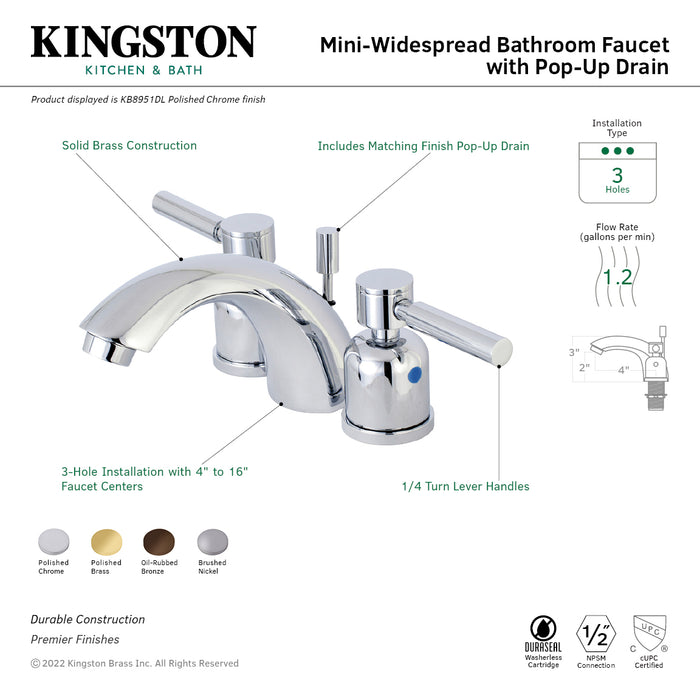 Concord KB8958DL Two-Handle 3-Hole Deck Mount Mini-Widespread Bathroom Faucet with Plastic Pop-Up, Brushed Nickel