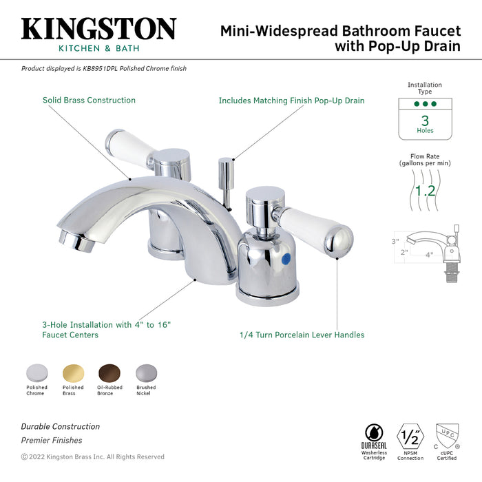 Paris KB8958DPL Two-Handle 3-Hole Deck Mount Mini-Widespread Bathroom Faucet with Plastic Pop-Up, Brushed Nickel