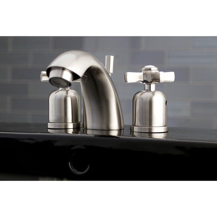 Kingston Tulare KB8958ZX - Millennium Two-Handle 3-Hole Deck Mount Mini-Widespread Bathroom Faucet with Pop-Up Drain, Brushed Nickel