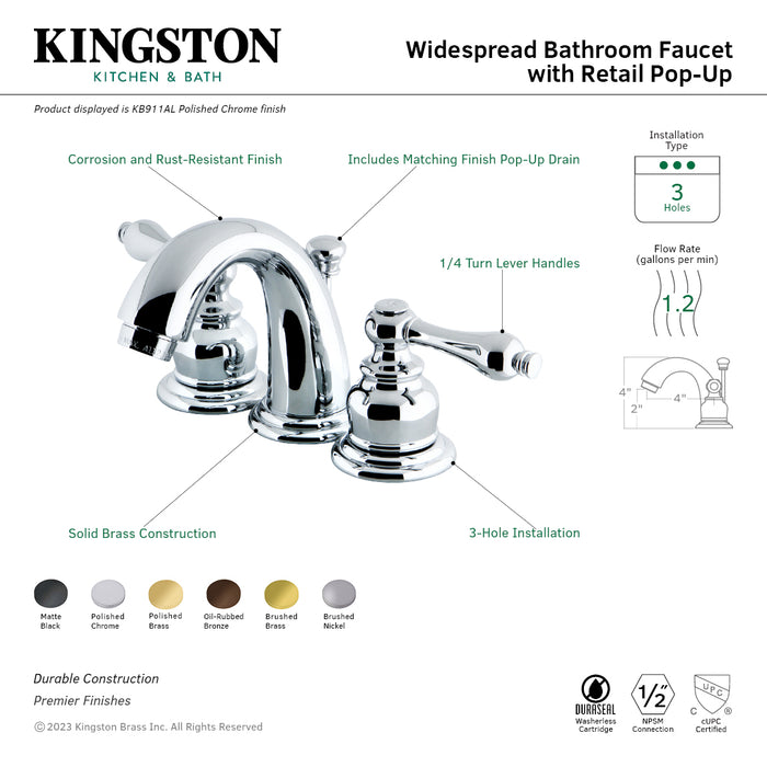 Victorian KB911AL Two-Handle 3-Hole Deck Mount Widespread Bathroom Faucet with Plastic Pop-Up, Polished Chrome