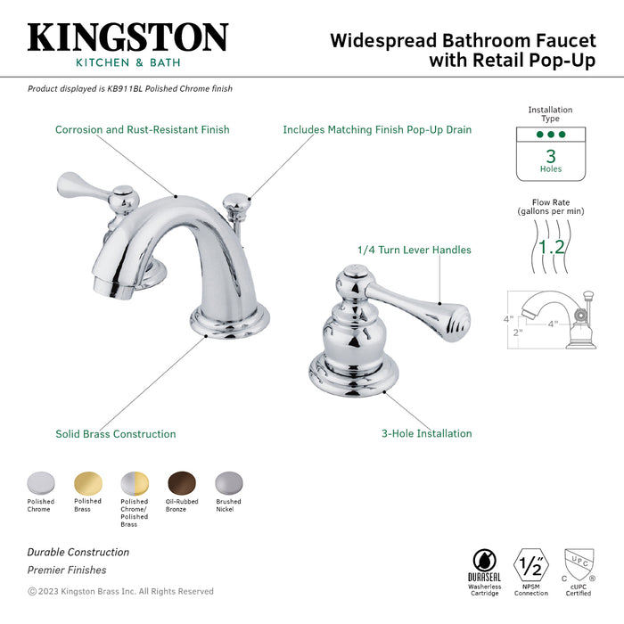 Vintage KB911BL Two-Handle 3-Hole Deck Mount Widespread Bathroom Faucet with Plastic Pop-Up, Polished Chrome