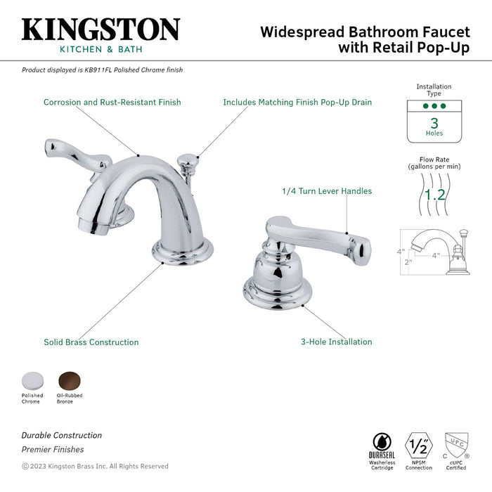 Royale KB911FL Two-Handle 3-Hole Deck Mount Widespread Bathroom Faucet with Plastic Pop-Up, Polished Chrome