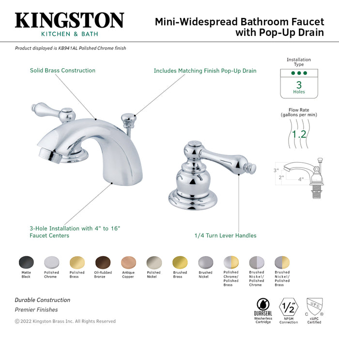 Victorian KB941AL Two-Handle 3-Hole Deck Mount Mini-Widespread Bathroom Faucet with Plastic Pop-Up, Polished Chrome