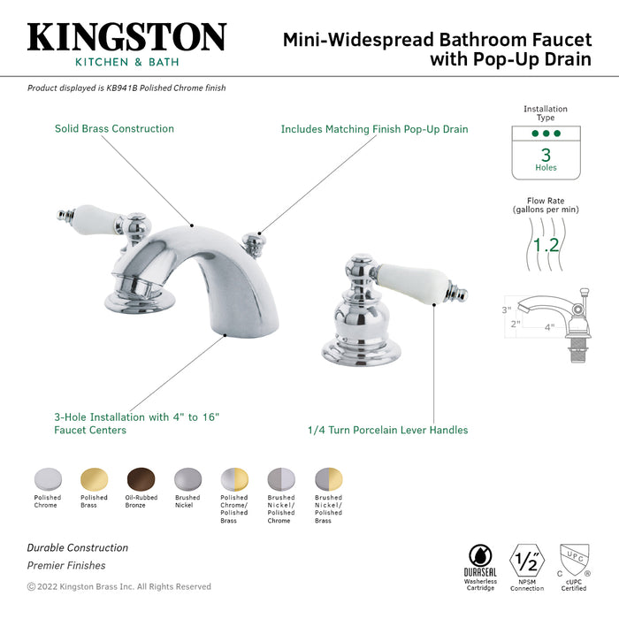 Victorian KB941B Two-Handle 3-Hole Deck Mount Mini-Widespread Bathroom Faucet with Plastic Pop-Up, Polished Chrome