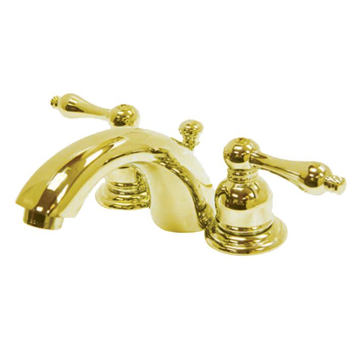 Victorian KB942AL Two-Handle 3-Hole Deck Mount Mini-Widespread Bathroom Faucet with Plastic Pop-Up, Polished Brass