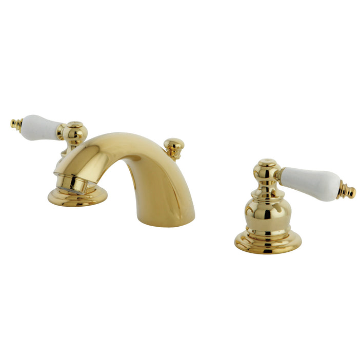 Victorian KB942B Two-Handle 3-Hole Deck Mount Mini-Widespread Bathroom Faucet with Plastic Pop-Up, Polished Brass