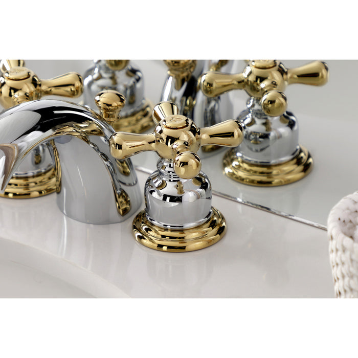 Victorian KB944AX Two-Handle 3-Hole Deck Mount Mini-Widespread Bathroom Faucet with Plastic Pop-Up, Polished Chrome/Polished Brass