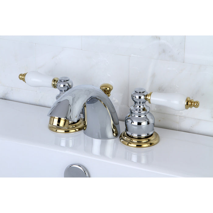 Victorian KB944B Two-Handle 3-Hole Deck Mount Mini-Widespread Bathroom Faucet with Plastic Pop-Up, Polished Chrome/Polished Brass