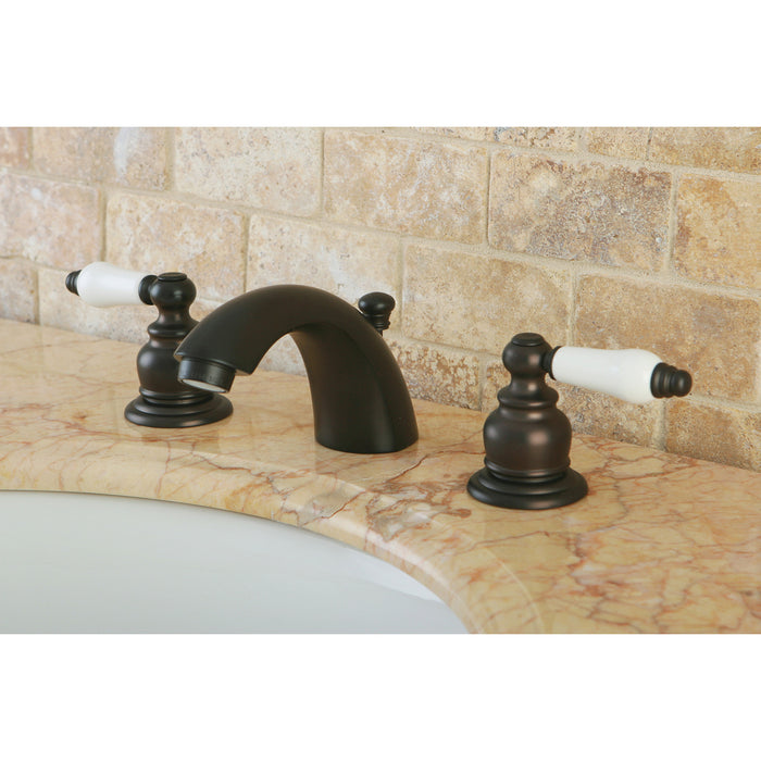 Victorian KB945B Two-Handle 3-Hole Deck Mount Mini-Widespread Bathroom Faucet with Plastic Pop-Up, Oil Rubbed Bronze