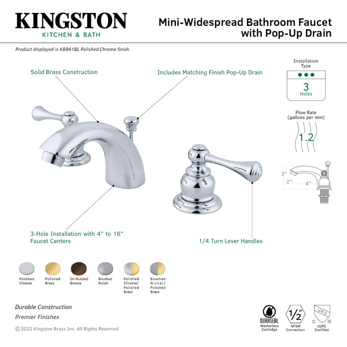 Vintage KB945BL Two-Handle 3-Hole Deck Mount Mini-Widespread Bathroom Faucet with Plastic Pop-Up, Oil Rubbed Bronze