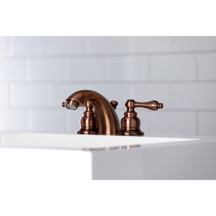 Victorian KB946AL Two-Handle 3-Hole Deck Mount Mini-Widespread Bathroom Faucet with Plastic Pop-Up, Antique Copper