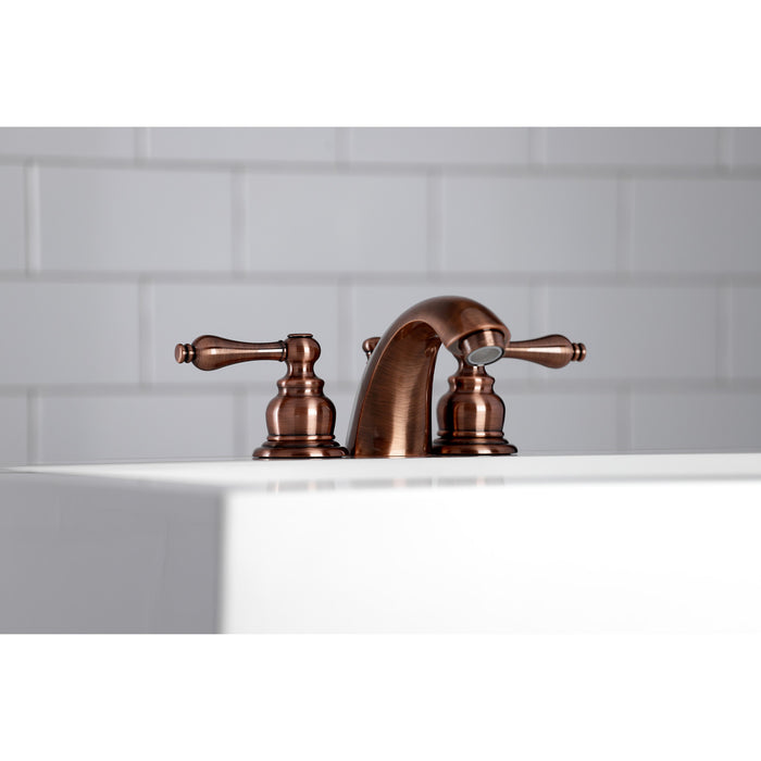 Victorian KB946AL Two-Handle 3-Hole Deck Mount Mini-Widespread Bathroom Faucet with Plastic Pop-Up, Antique Copper