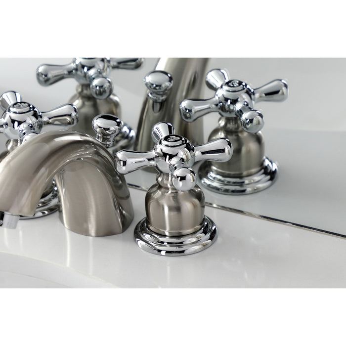 Victorian KB947AX Two-Handle 3-Hole Deck Mount Mini-Widespread Bathroom Faucet with Plastic Pop-Up, Brushed Nickel/Polished Chrome