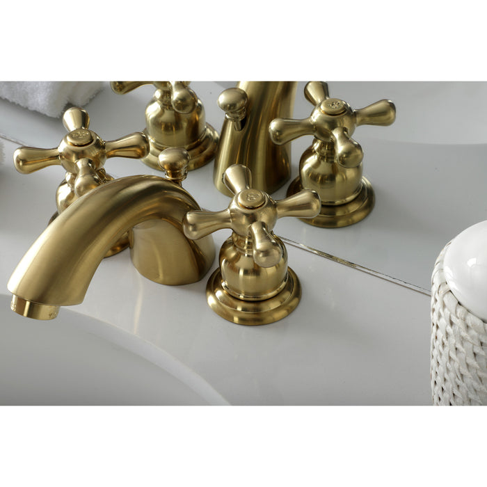 Victorian KB947AXSB Two-Handle 3-Hole Deck Mount Mini-Widespread Bathroom Faucet with Plastic Pop-Up, Brushed Brass