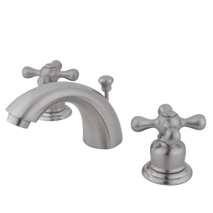 Victorian KB948AX Two-Handle 3-Hole Deck Mount Mini-Widespread Bathroom Faucet with Plastic Pop-Up, Brushed Nickel
