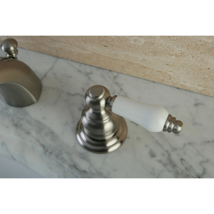 Victorian KB948B Two-Handle 3-Hole Deck Mount Mini-Widespread Bathroom Faucet with Plastic Pop-Up, Brushed Nickel