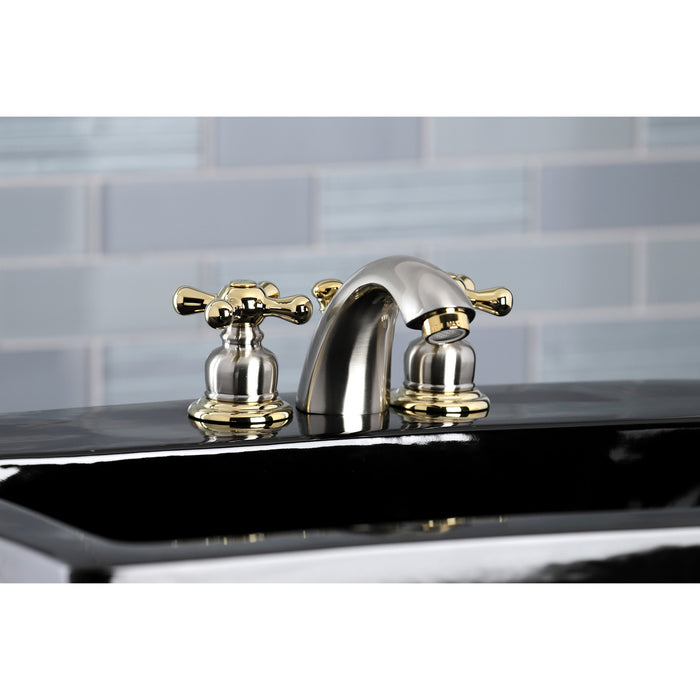 Victorian KB949AX Two-Handle 3-Hole Deck Mount Mini-Widespread Bathroom Faucet with Plastic Pop-Up, Brushed Nickel/Polished Brass
