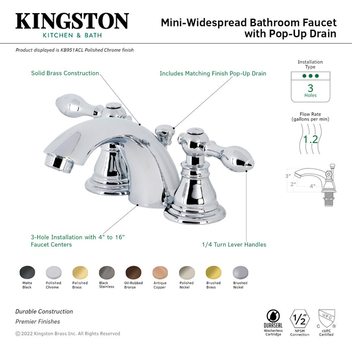 American Classic KB950ACL Two-Handle 3-Hole Deck Mount Mini-Widespread Bathroom Faucet with Plastic Pop-Up, Matte Black