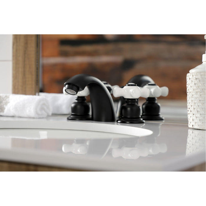 Victorian KB950PX Two-Handle 3-Hole Deck Mount Mini-Widespread Bathroom Faucet with Plastic Pop-Up, Matte Black