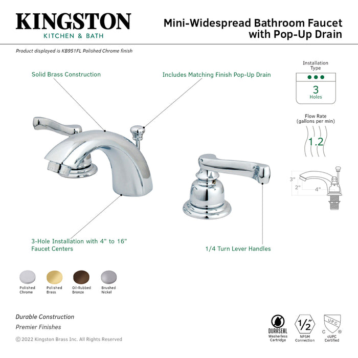 Royale KB951FL Two-Handle 3-Hole Deck Mount Mini-Widespread Bathroom Faucet with Plastic Pop-Up, Polished Chrome