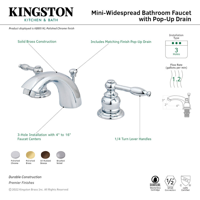 Knight KB951KL Two-Handle 3-Hole Deck Mount Mini-Widespread Bathroom Faucet with Plastic Pop-Up, Polished Chrome