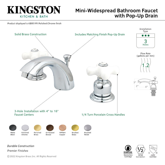 Victorian KB951PX Two-Handle 3-Hole Deck Mount Mini-Widespread Bathroom Faucet with Plastic Pop-Up, Polished Chrome