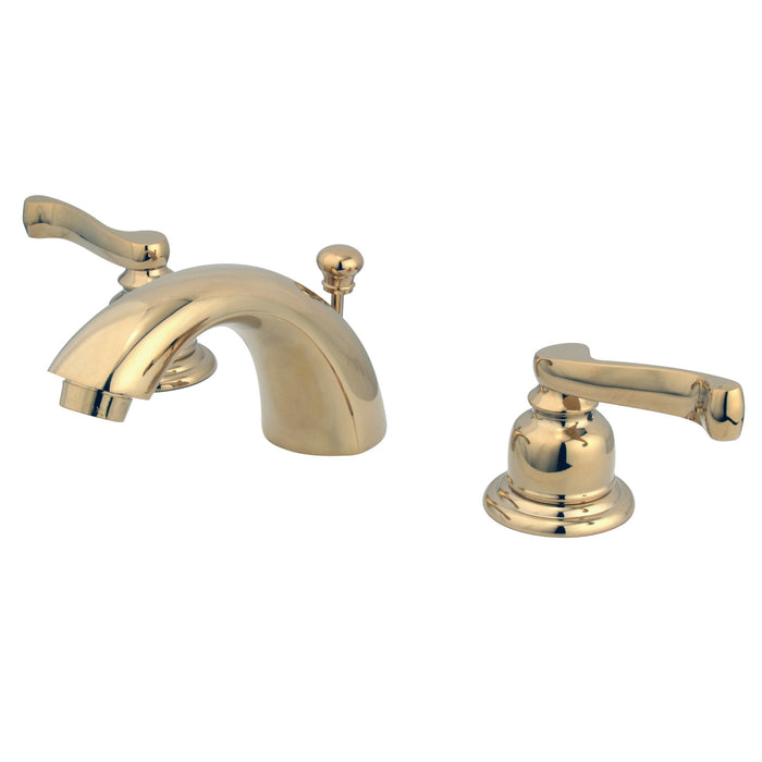 Royale KB952FL Two-Handle 3-Hole Deck Mount Mini-Widespread Bathroom Faucet with Plastic Pop-Up, Polished Brass