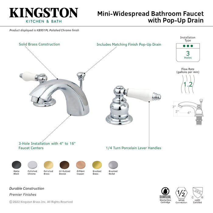 Victorian KB952PL Two-Handle 3-Hole Deck Mount Mini-Widespread Bathroom Faucet with Plastic Pop-Up, Polished Brass