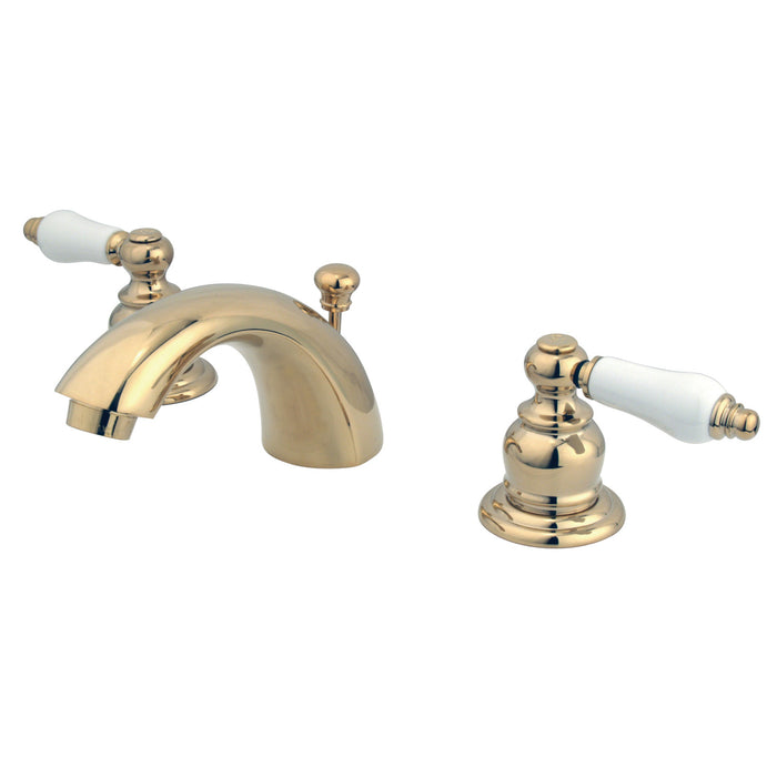 Victorian KB952PL Two-Handle 3-Hole Deck Mount Mini-Widespread Bathroom Faucet with Plastic Pop-Up, Polished Brass