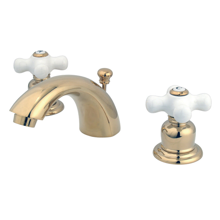 Victorian KB952PX Two-Handle 3-Hole Deck Mount Mini-Widespread Bathroom Faucet with Plastic Pop-Up, Polished Brass