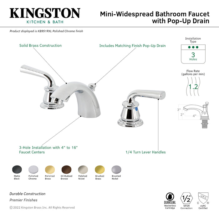 Restoration KB952RXL Two-Handle 3-Hole Deck Mount Mini-Widespread Bathroom Faucet with Plastic Pop-Up, Polished Brass