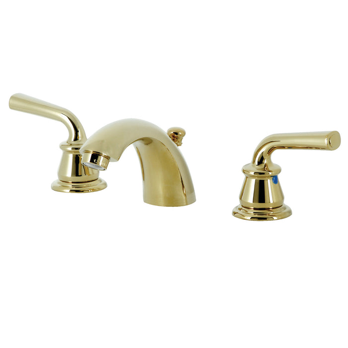 Restoration KB952RXL Two-Handle 3-Hole Deck Mount Mini-Widespread Bathroom Faucet with Plastic Pop-Up, Polished Brass
