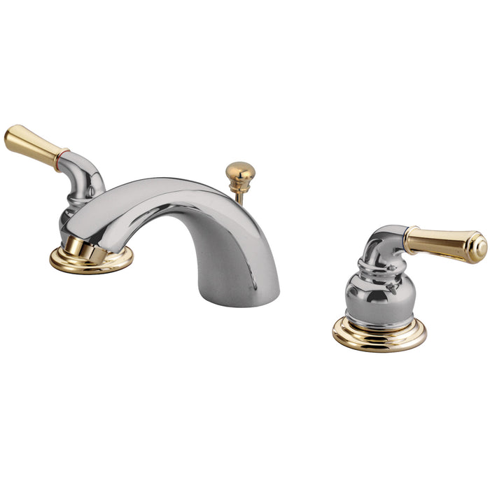 Magellan KB954 Two-Handle 3-Hole Deck Mount Mini-Widespread Bathroom Faucet with Plastic Pop-Up, Polished Chrome/Polished Brass