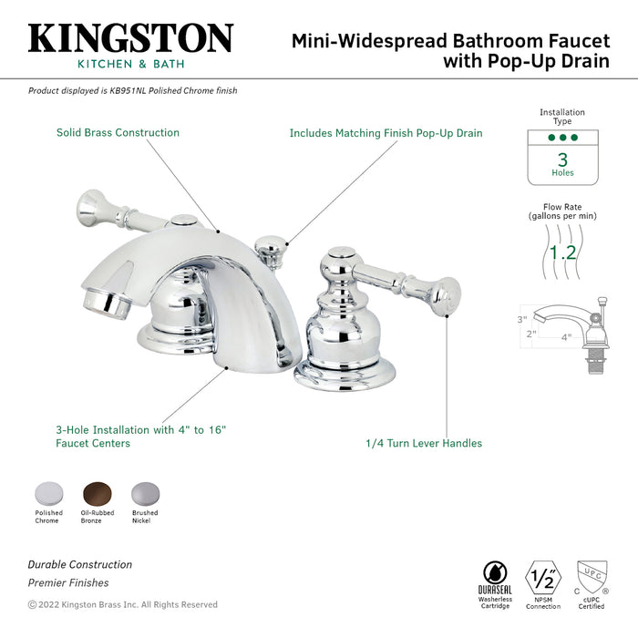 Naples KB955NL Two-Handle 3-Hole Deck Mount Mini-Widespread Bathroom Faucet with Plastic Pop-Up, Oil Rubbed Bronze