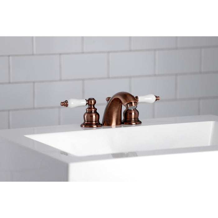 Victorian KB956PL Two-Handle 3-Hole Deck Mount Mini-Widespread Bathroom Faucet with Plastic Pop-Up, Antique Copper