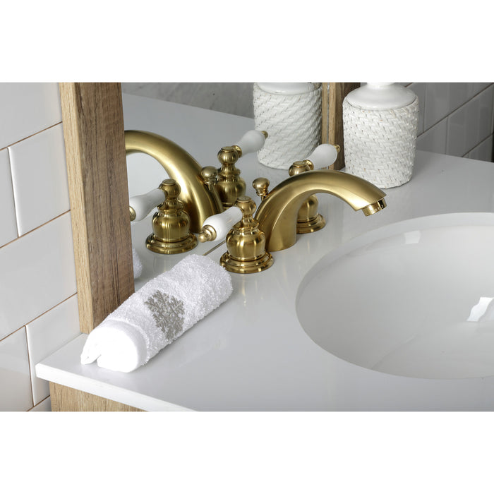 Victorian KB957PLSB Two-Handle 3-Hole Deck Mount Mini-Widespread Bathroom Faucet with Plastic Pop-Up, Brushed Brass