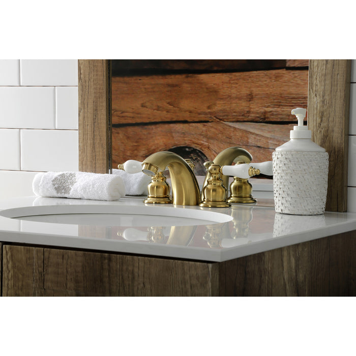 Victorian KB957PLSB Two-Handle 3-Hole Deck Mount Mini-Widespread Bathroom Faucet with Plastic Pop-Up, Brushed Brass