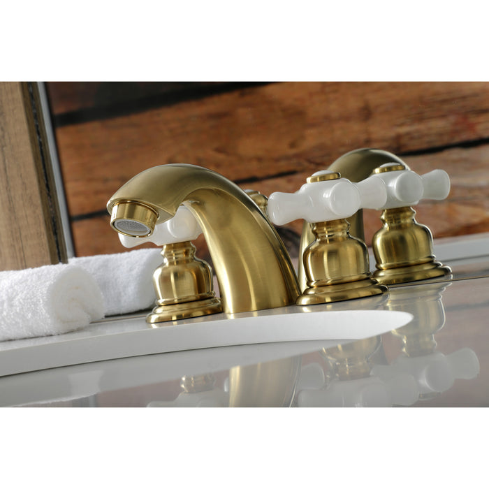 Victorian KB957PXSB Two-Handle 3-Hole Deck Mount Mini-Widespread Bathroom Faucet with Plastic Pop-Up, Brushed Brass