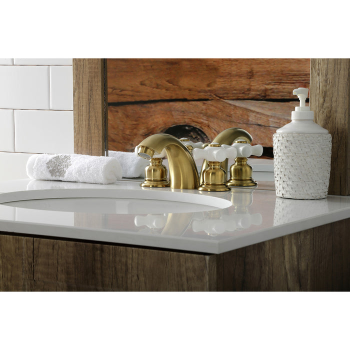 Victorian KB957PXSB Two-Handle 3-Hole Deck Mount Mini-Widespread Bathroom Faucet with Plastic Pop-Up, Brushed Brass