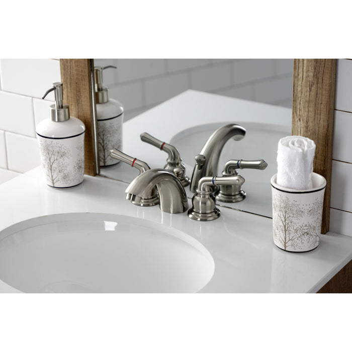 Victorian KB958B Two-Handle 3-Hole Deck Mount Mini-Widespread Bathroom Faucet with Brass Pop-Up, Brushed Nickel