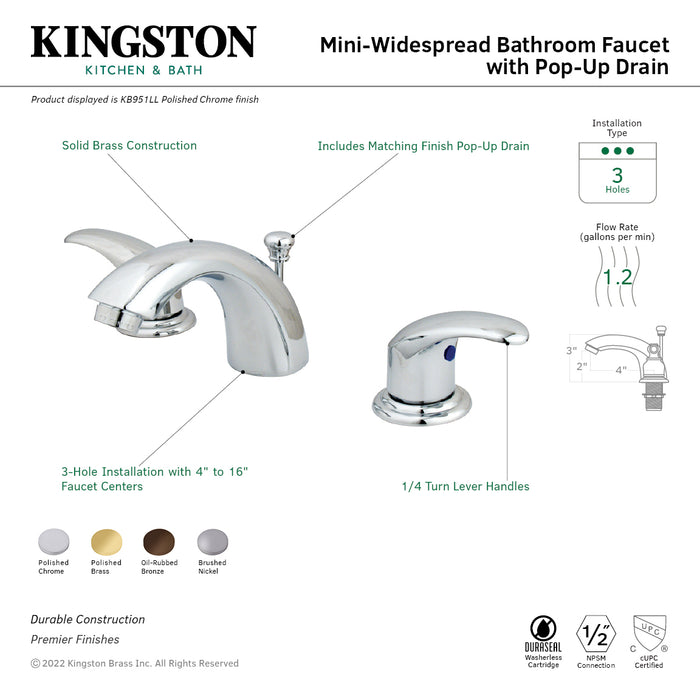 Legacy KB958LL Two-Handle 3-Hole Deck Mount Mini-Widespread Bathroom Faucet with Plastic Pop-Up, Brushed Nickel