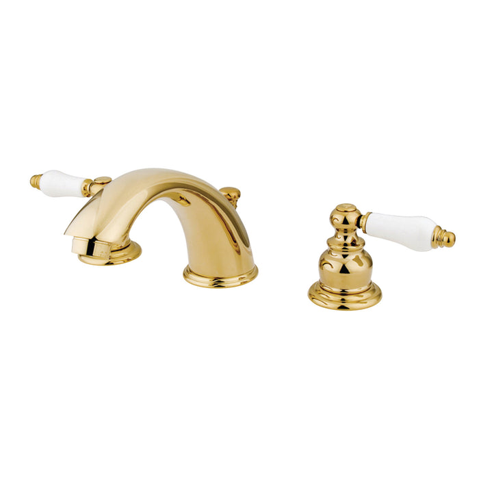 Victorian KB972B Two-Handle 3-Hole Deck Mount Widespread Bathroom Faucet with Plastic Pop-Up, Polished Brass