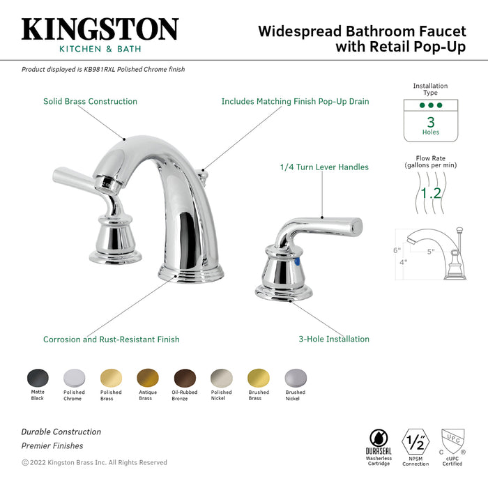 Restoration KB983RXLAB Two-Handle 3-Hole Deck Mount Widespread Bathroom Faucet with Plastic Pop-Up, Antique Brass