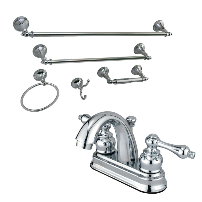 KBK5611AL Two-Handle 3-Hole Deck Mount 4" Centerset Bathroom Faucet with 5-Piece Bathroom Accessories, Polished Chrome