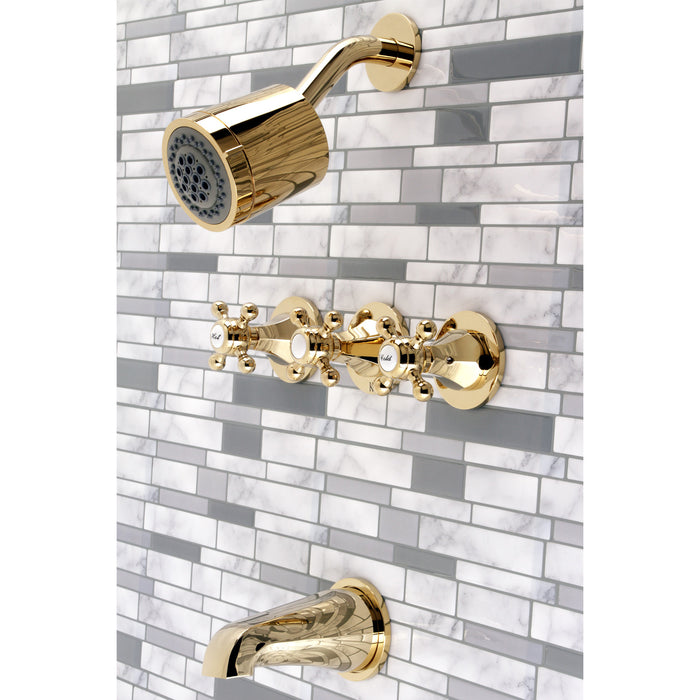 Metropolitan KBX8132BX Three-Handle 5-Hole Wall Mount Tub and Shower Faucet, Polished Brass